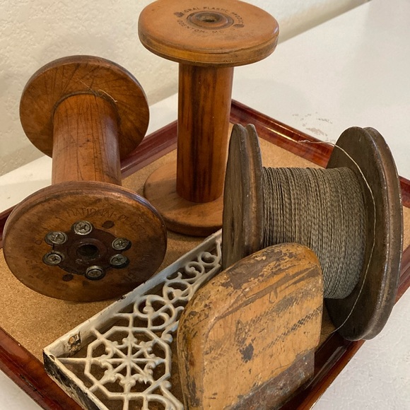 Lot/5 Architectural Wood & Metal Tools Spools & Wire Spool W/Wire & Wall Bracket